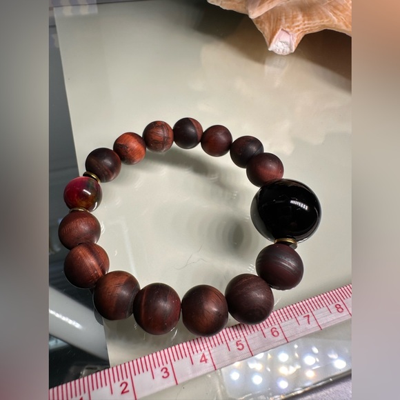 MATTE RED TIGERS EYE + ONYX NATURAL STONES BRACELET size 7” - Picture 10 of 11